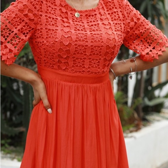 EUC Orange Half Sleeve Round Neck Lace Overlay Bodice Midi Dress Petallush - Picture 6 of 7